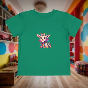 Flat lay of green toddler t-shirt with a colorful baby giraffe design