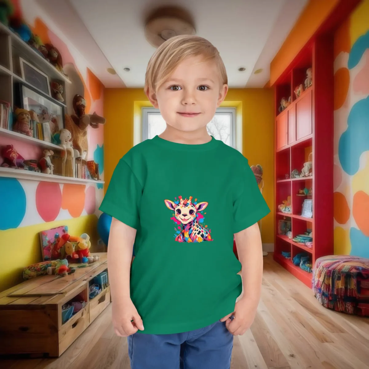 Toddler in green t-shirt featuring a colorful cartoon giraffe