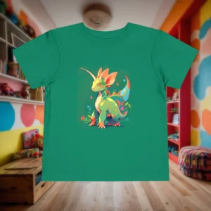 Flat lay of green toddler t-shirt with colorful cartoon parasaurolophus dinosaur