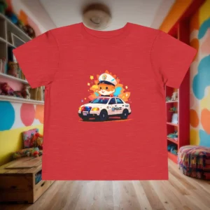 Flat lay of red heather toddler t-shirt with happy cartoon cop and police car