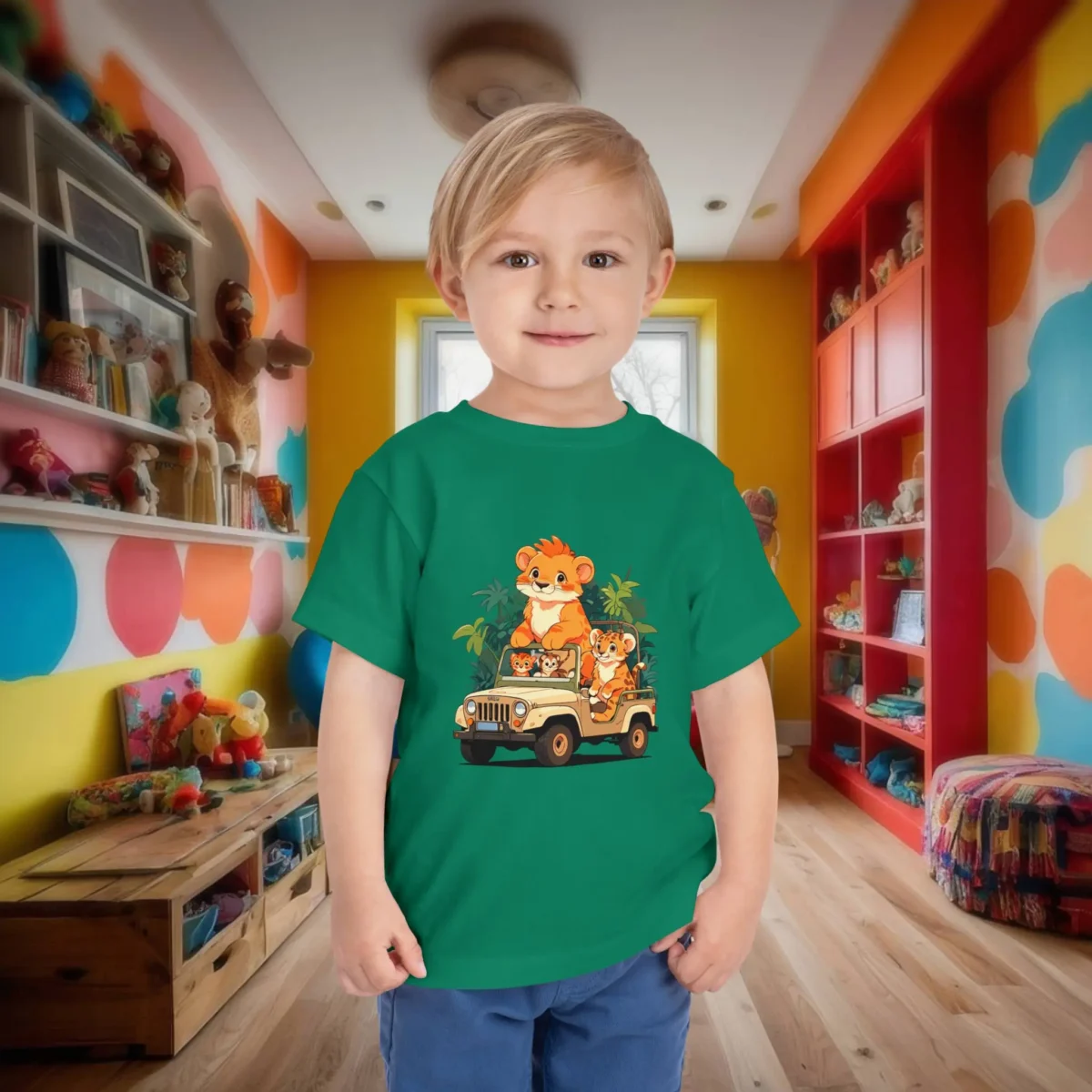 Toddler wearing a green t-shirt with a fun jungle animal jeep cartoon in a vibrant playroom.