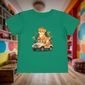 Flat lay of green toddler t-shirt featuring jungle animals in a safari jeep design.