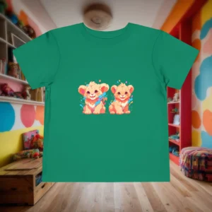 Green toddler t-shirt laid flat with two smiling cartoon lion cubs in the center