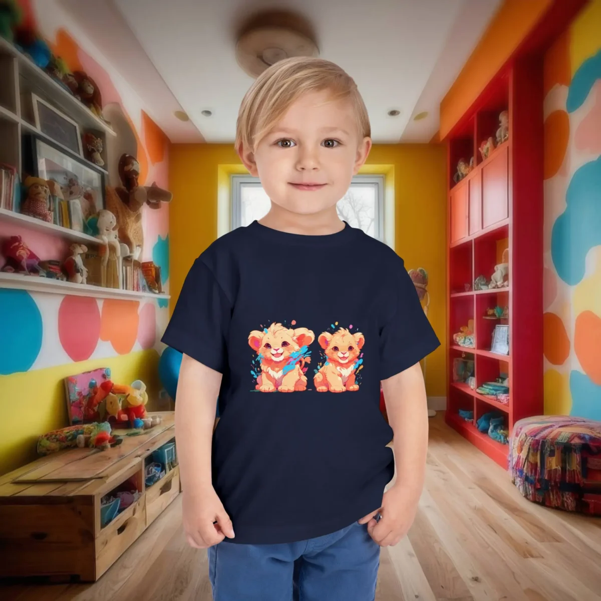 Toddler in a navy blue t-shirt featuring two cute cartoon lion cubs with colorful accents