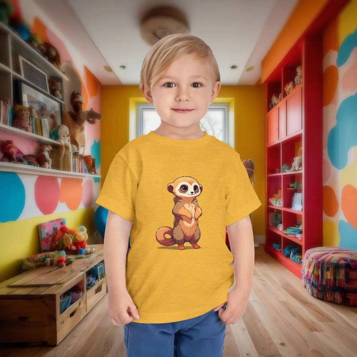 Happy toddler in yellow t-shirt with an adorable meerkat character print.