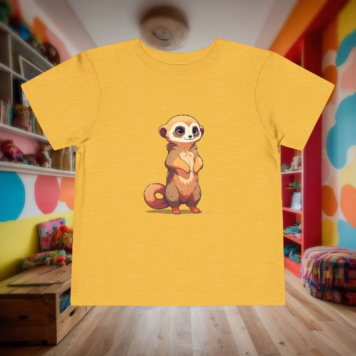 Yellow toddler t-shirt laid flat with a cute cartoon meerkat illustration on front.