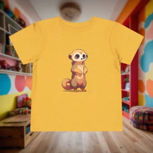 Yellow toddler t-shirt laid flat with a cute cartoon meerkat illustration on front.