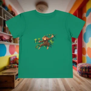 Flat lay of green toddler t-shirt with a friendly monkey in the jungle