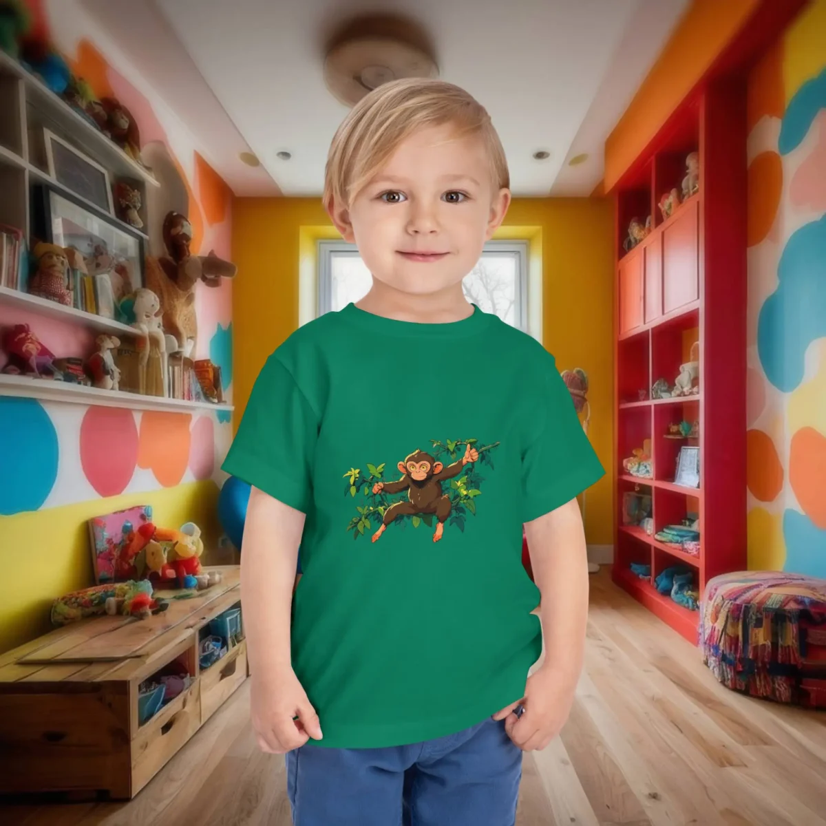 Toddler wearing a green t-shirt with a friendly monkey graphic