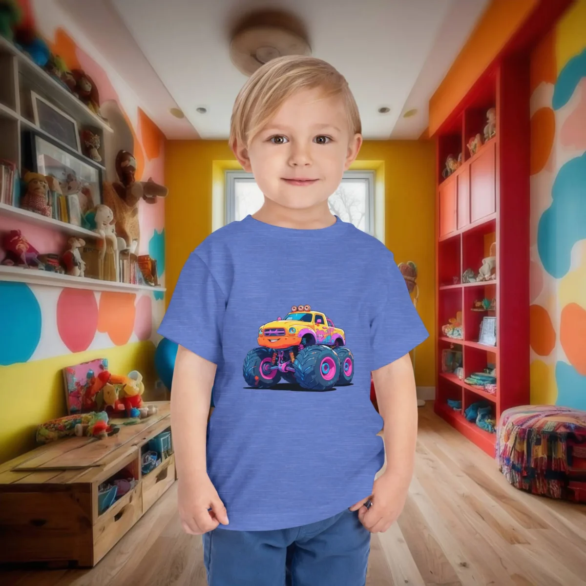 Toddler in a heather blue t-shirt with a bright cartoon monster truck in a colorful children’s playroom.