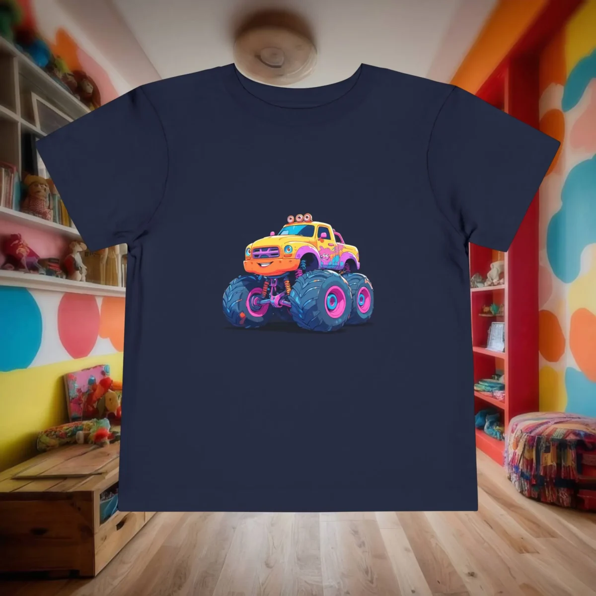 Flat lay of a navy toddler t-shirt with a vibrant monster truck cartoon design in a kids' room.