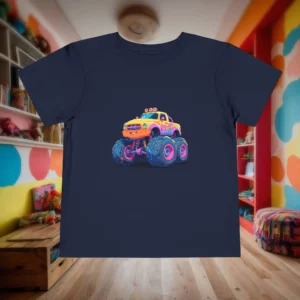 Flat lay of a navy toddler t-shirt with a vibrant monster truck cartoon design in a kids' room.