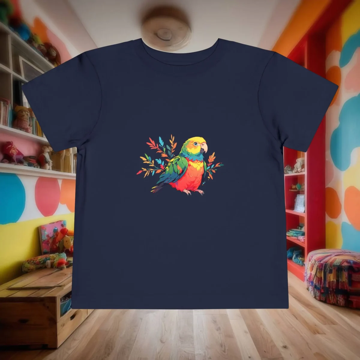 Flat lay of navy toddler T-shirt with a vibrant parrot and leaf design