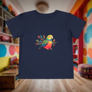 Flat lay of navy toddler T-shirt with a vibrant parrot and leaf design