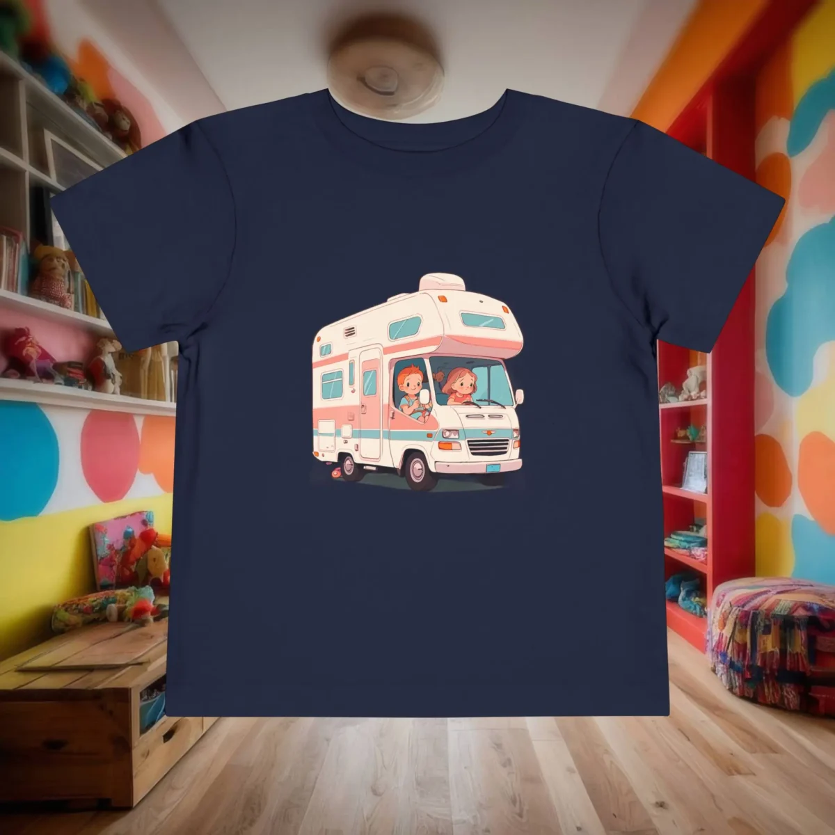 Flat lay of navy blue toddler t-shirt with a cartoon RV and children inside