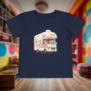 Flat lay of navy blue toddler t-shirt with a cartoon RV and children inside