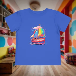 Blue toddler t-shirt with colorful smiling sailboat graphic design displayed in a kid's room