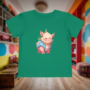 Green toddler t-shirt with a cute smiling rhinoceros illustration in a fun outfit, displayed in a colorful playroom