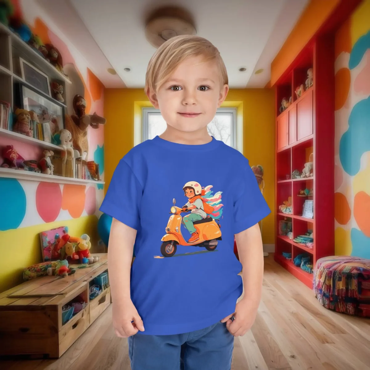 Toddler in royal blue t-shirt featuring a happy child riding an orange scooter