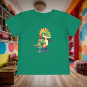Flat lay of a green toddler t-shirt with a cartoon baby allosaurus in orange and green tones.