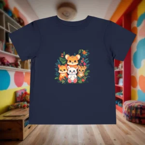 Flat lay of a navy toddler t-shirt with a cute baby animals illustration featuring four cartoon animals surrounded by greenery and flowers.
