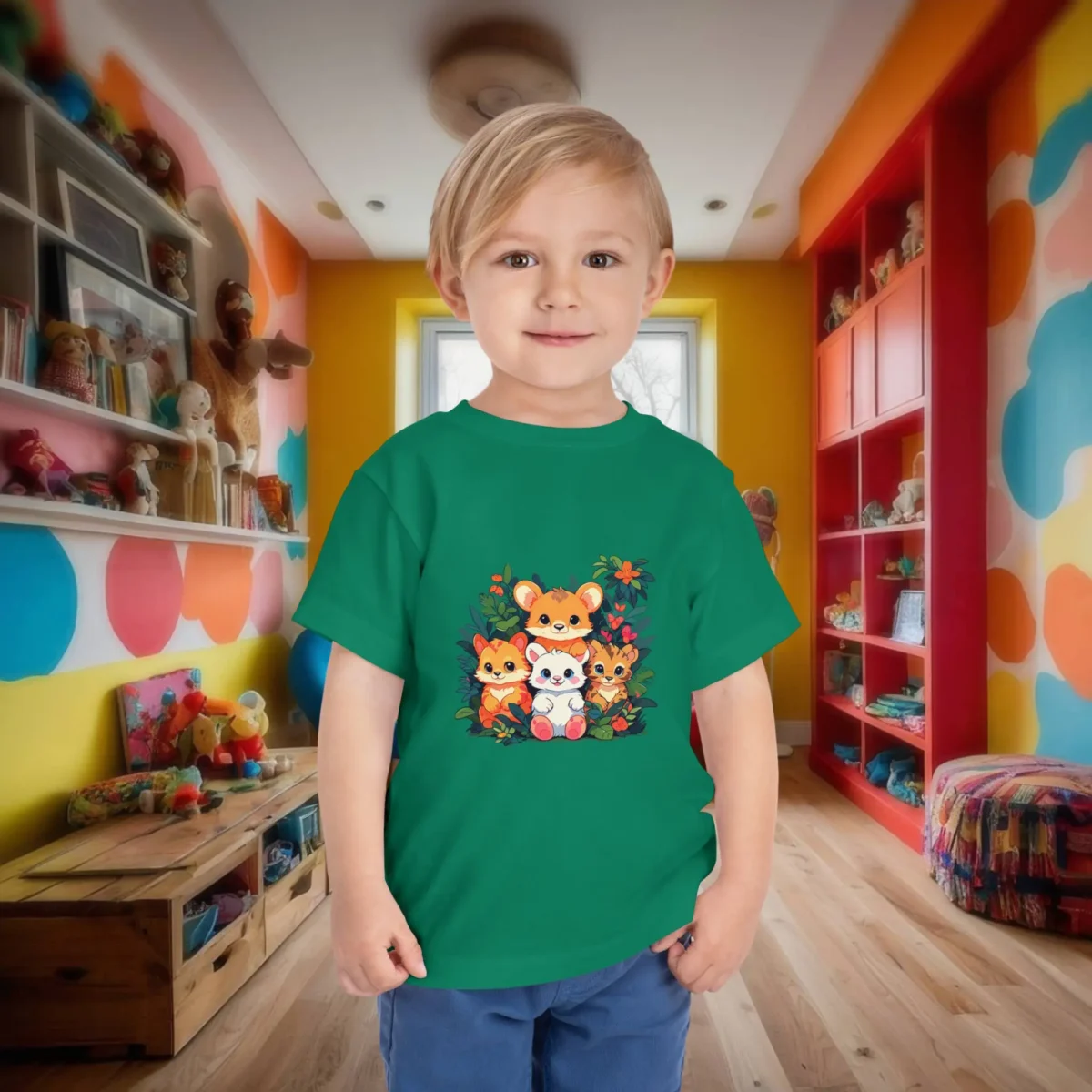 Toddler boy wearing a green t-shirt featuring four baby animals in a cartoon forest theme.