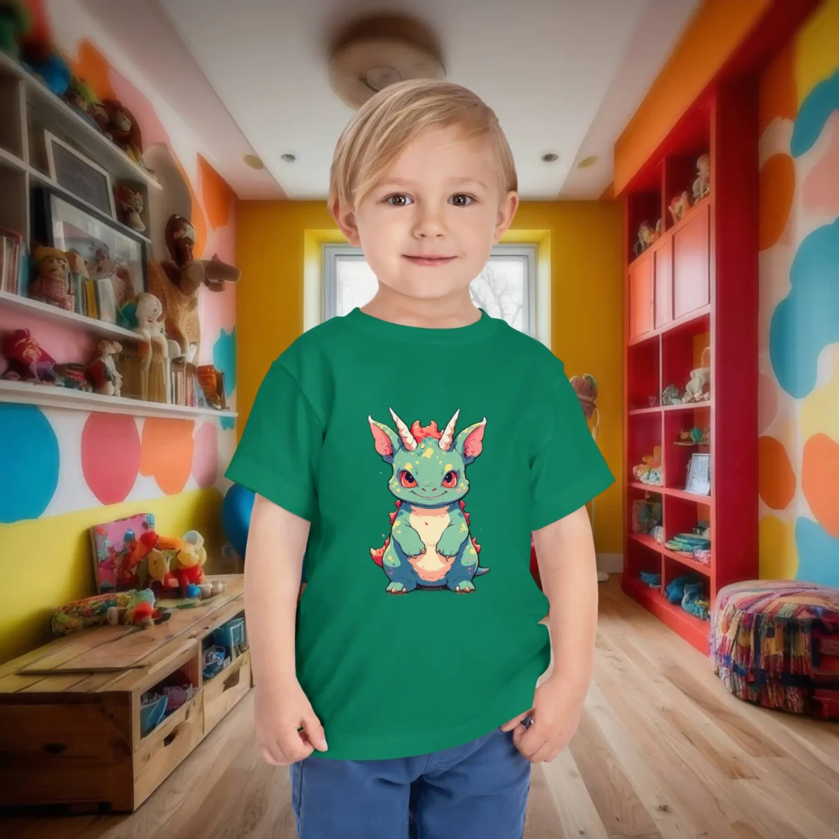 Child wearing a green toddler t-shirt featuring a friendly baby Carnotaurus with red accents and horns.
