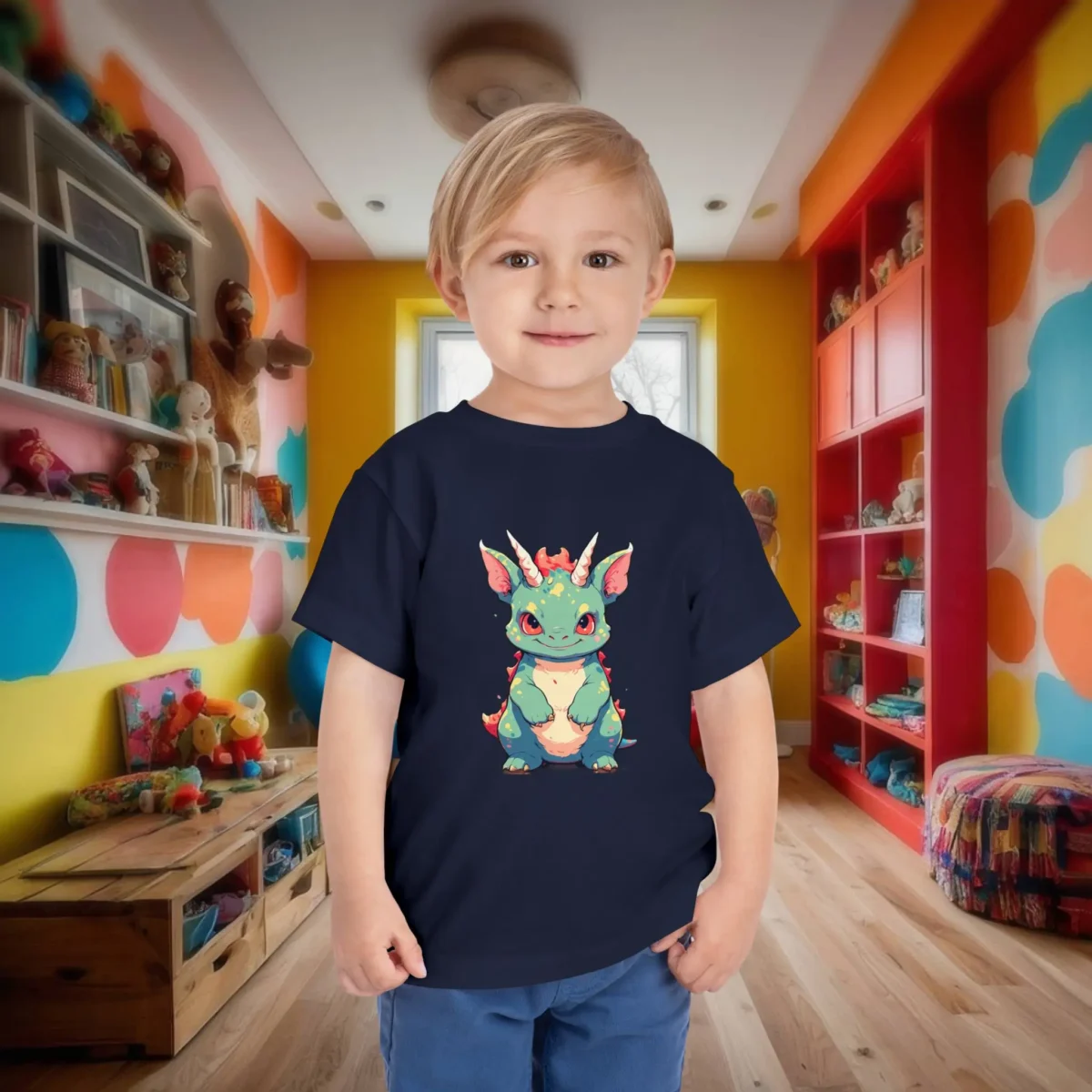 Toddler wearing a navy blue t-shirt with a cute and colorful cartoon baby Carnotaurus dinosaur.