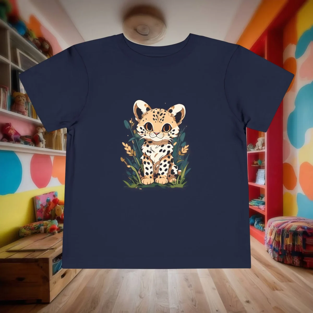 Flat lay of a navy toddler t-shirt with a cute cartoon baby cheetah sitting in grass.
