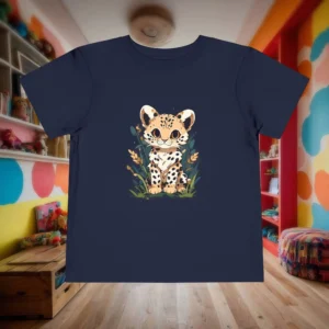 Flat lay of a navy toddler t-shirt with a cute cartoon baby cheetah sitting in grass.