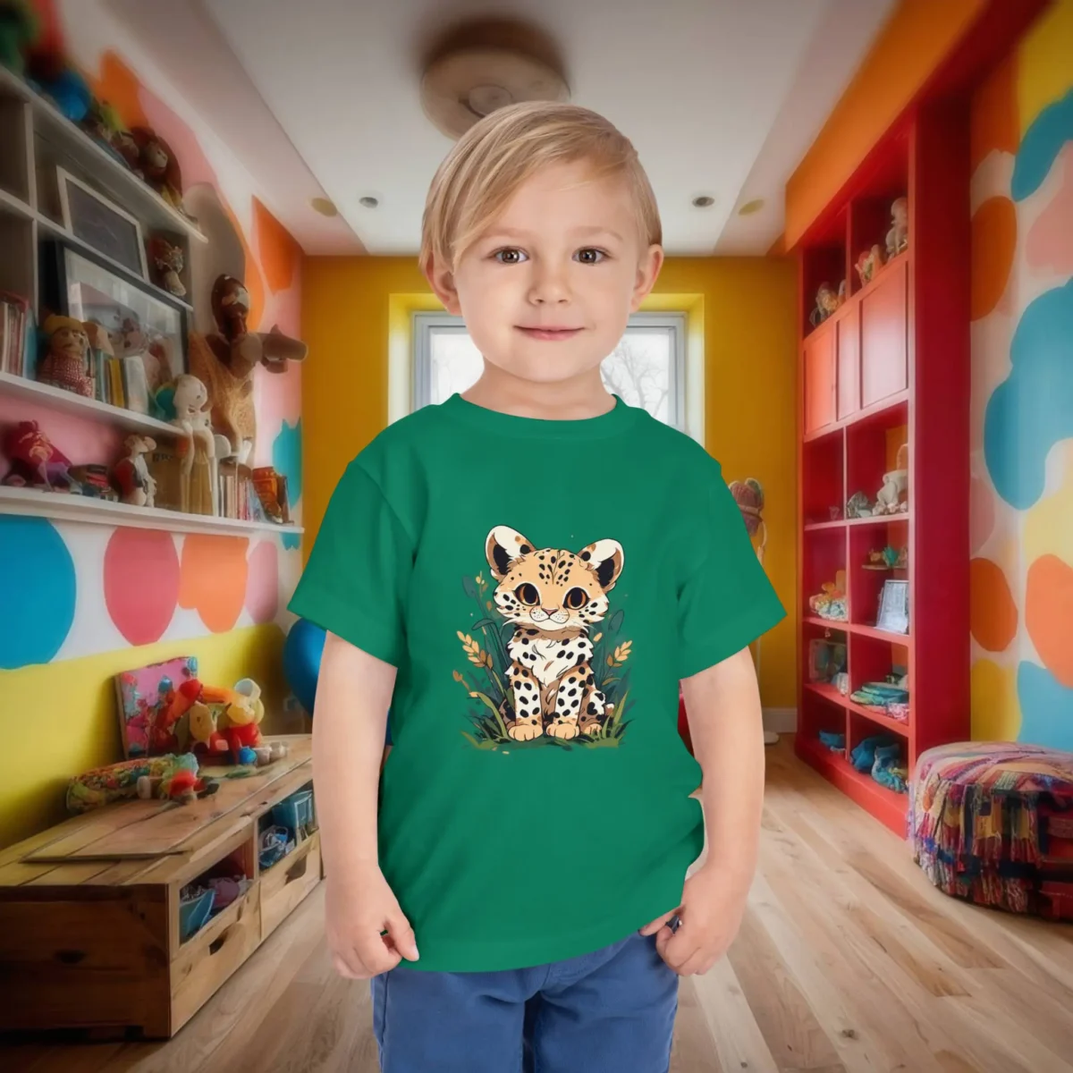 Toddler in a green t-shirt with an illustrated baby cheetah sitting in grassy surroundings.