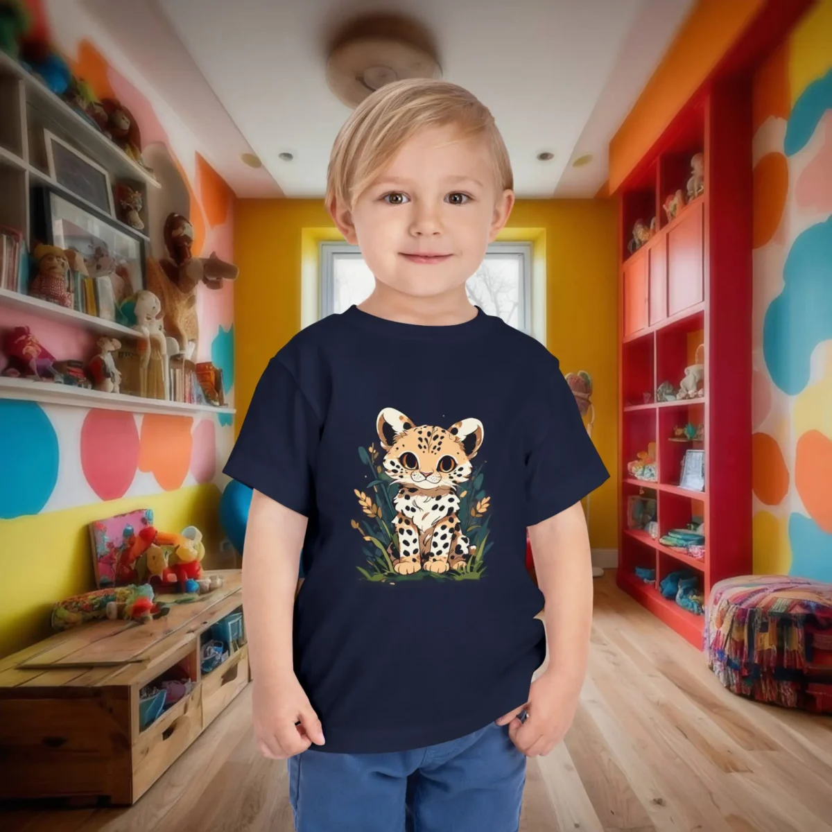Child in a navy blue t-shirt featuring a cute cartoon baby cheetah sitting among plants.