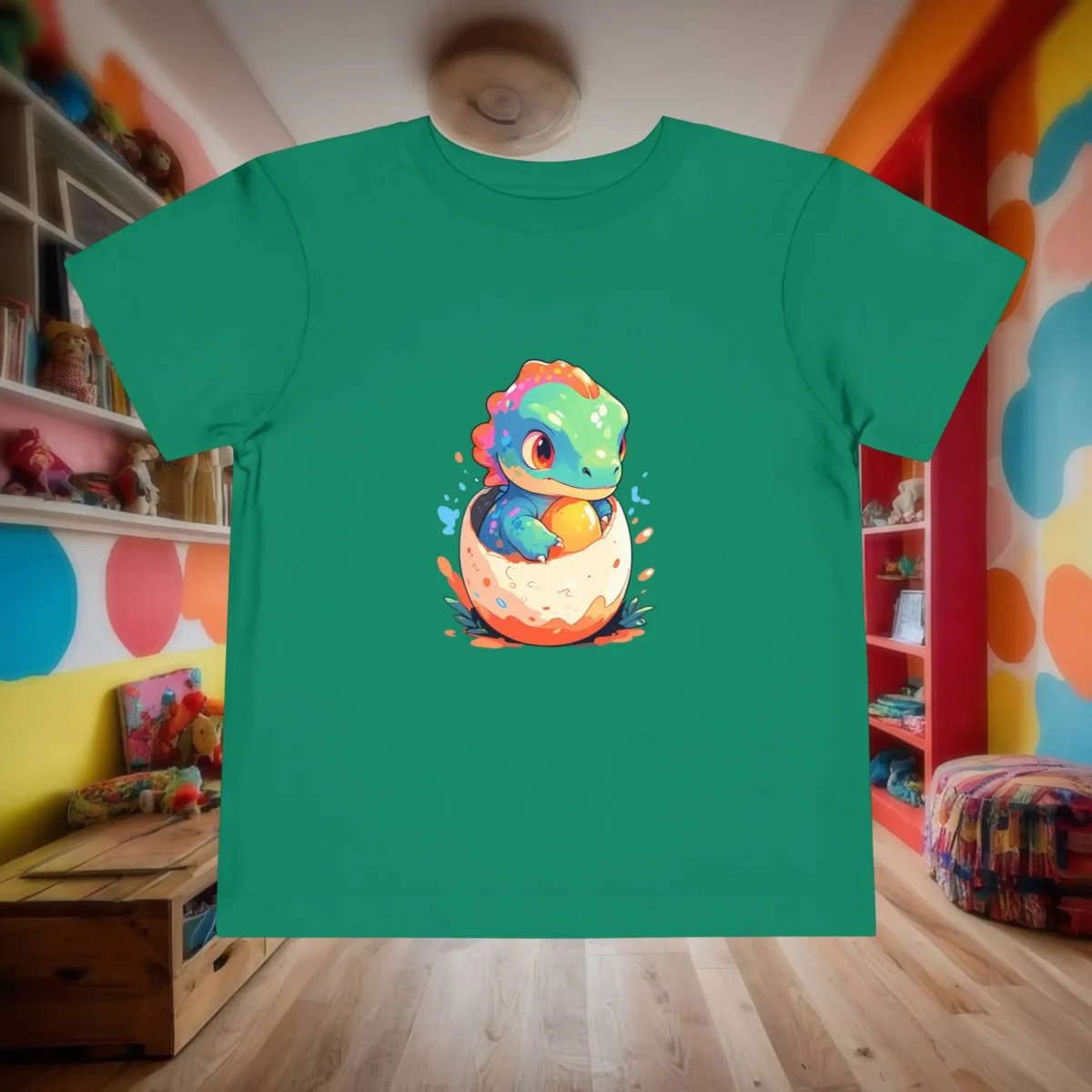 Flat lay of a green toddler t-shirt with a colorful cartoon baby dinosaur hatching from an egg.