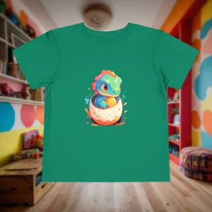 Flat lay of a green toddler t-shirt with a colorful cartoon baby dinosaur hatching from an egg.