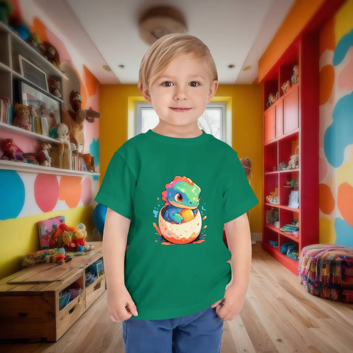 Toddler boy wearing a green t-shirt with a baby dinosaur illustration hatching from an egg.