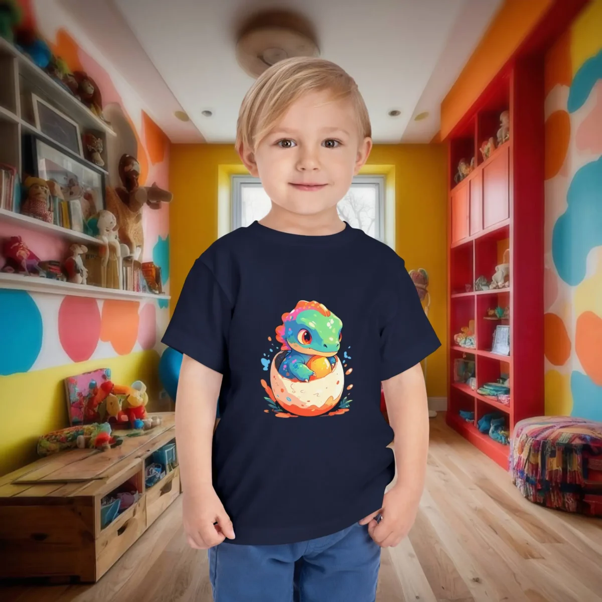 Toddler in a navy blue t-shirt with a multicolored cartoon baby dinosaur emerging from an egg.