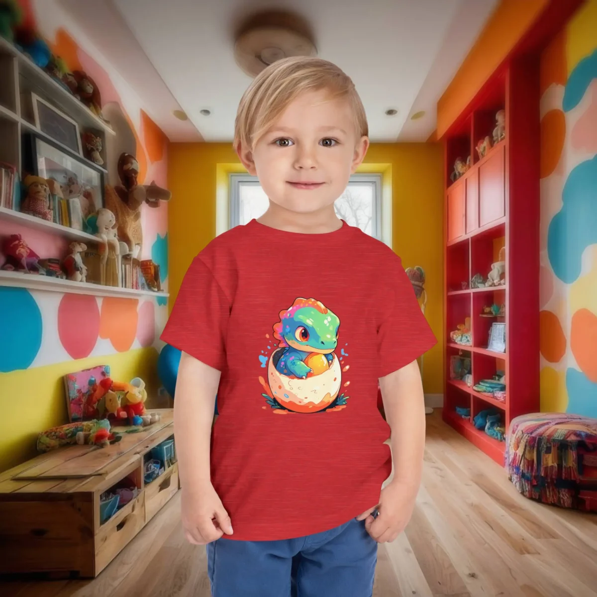 Toddler wearing a red t-shirt with a cute cartoon dinosaur baby hatching from an egg.