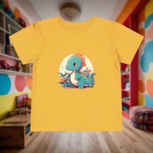 Flat lay of a yellow toddler t-shirt with a cute baby Diplodocus dinosaur illustration in a garden setting.