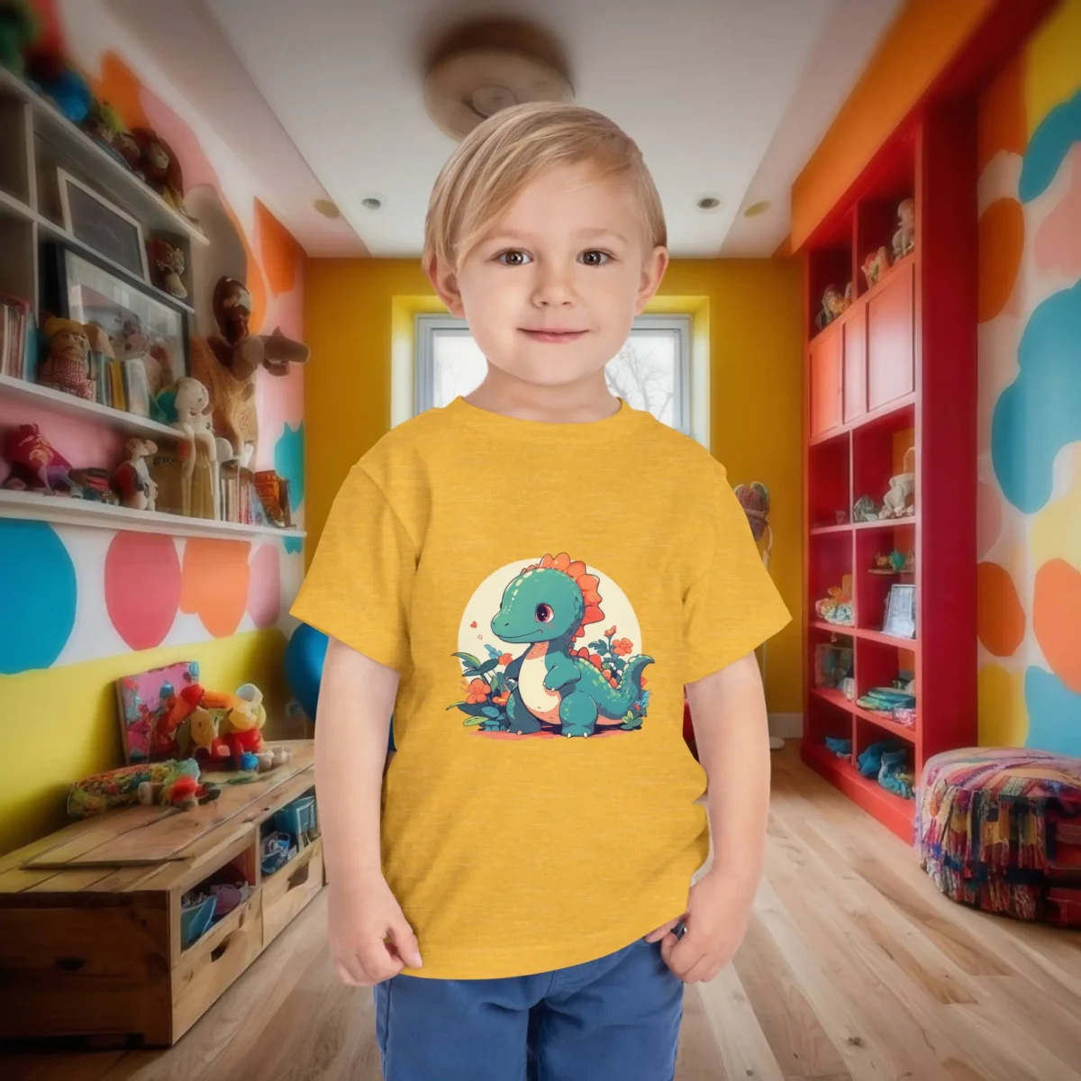 Toddler wearing a yellow t-shirt with a cartoon-style baby Diplodocus dinosaur in a floral environment.