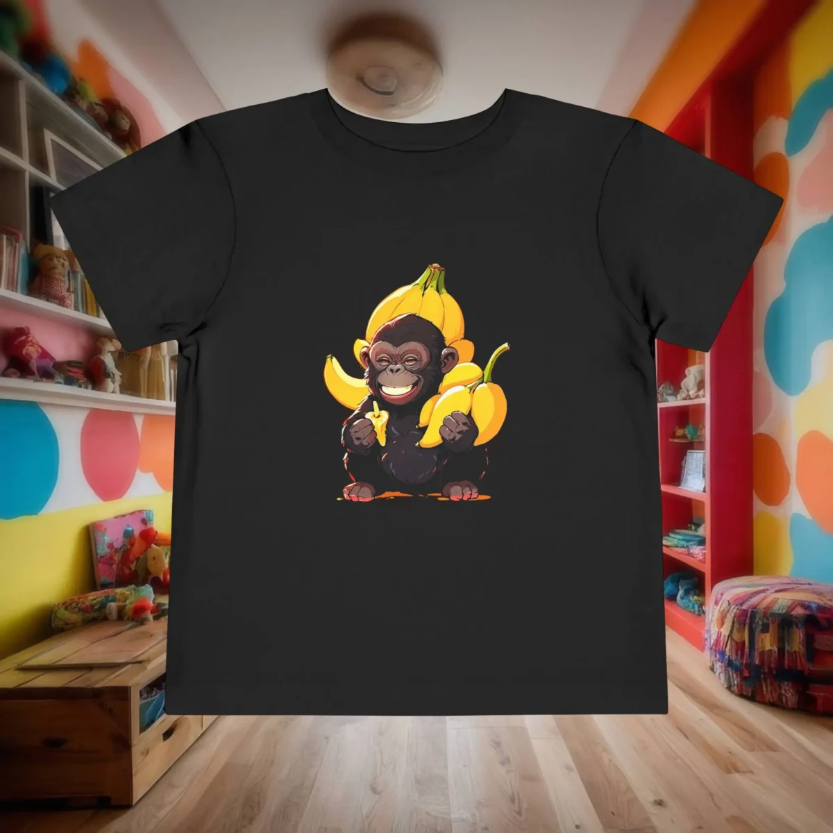 Flat lay of a black toddler t-shirt featuring a smiling baby gorilla surrounded by bananas.