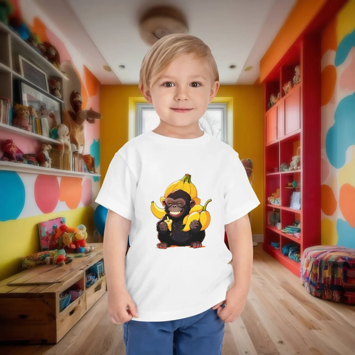 Toddler boy in a white t-shirt with a cartoon baby gorilla happily holding bananas.