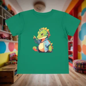 Flat lay of a green toddler t-shirt featuring a cartoon baby Iguanodon in a blue jacket.