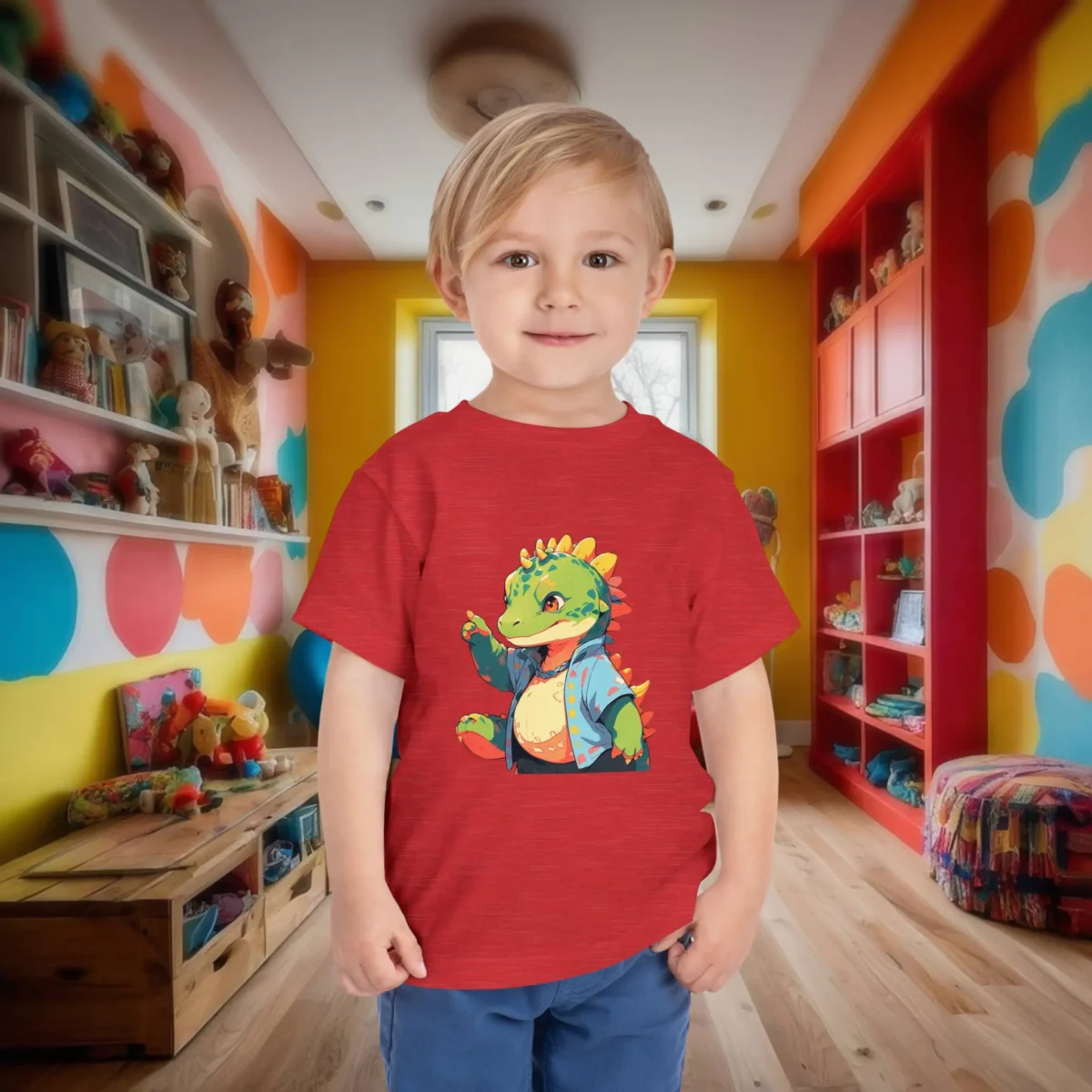 This green toddler tee shows a fun and trendy baby Iguanodon with bright orange details and a blue jacket. A dino with attitude, perfect for kids who like a little prehistoric style.