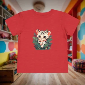 Flat lay of a red toddler t-shirt featuring a wide-eyed cartoon baby leopard hiding in green foliage.