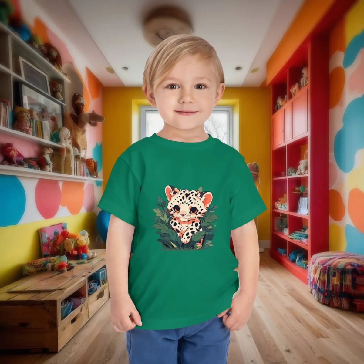 Toddler wearing a green t-shirt with a cartoon baby leopard peeking out from jungle leaves.