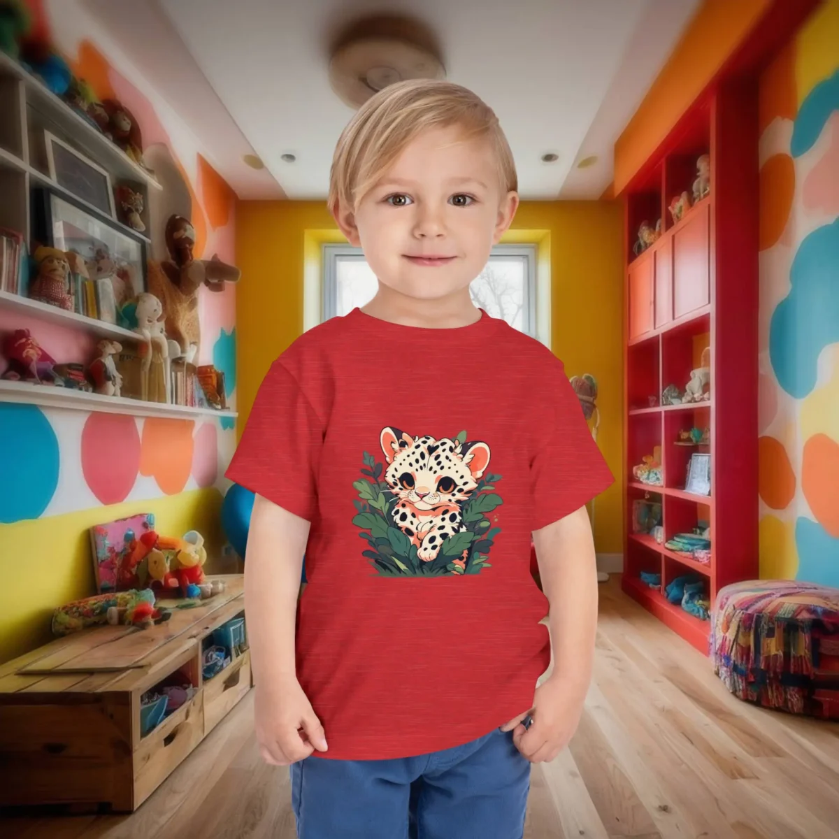 Toddler boy wearing a red t-shirt with a cartoon-style baby leopard hidden in leafy greenery.
