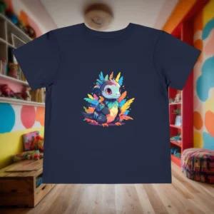 Flat lay of a navy toddler t-shirt with a vibrant feathered baby Microraptor illustration.