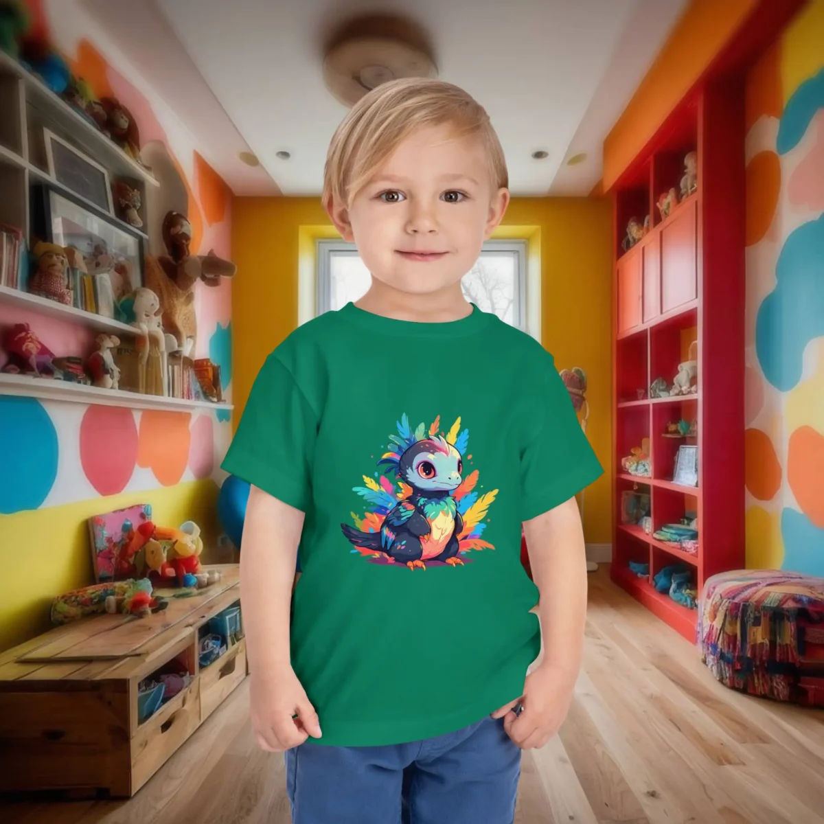 Toddler in a green t-shirt with a cartoon-style baby Microraptor covered in vivid feathers.