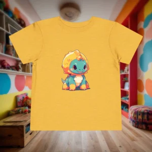 Flat lay of a yellow toddler t-shirt featuring a cartoon baby Pachycephalosaurus in orange, blue, and yellow.