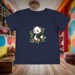 Flat lay of a navy toddler t-shirt with a cute cartoon baby panda sitting among green bamboo leaves.